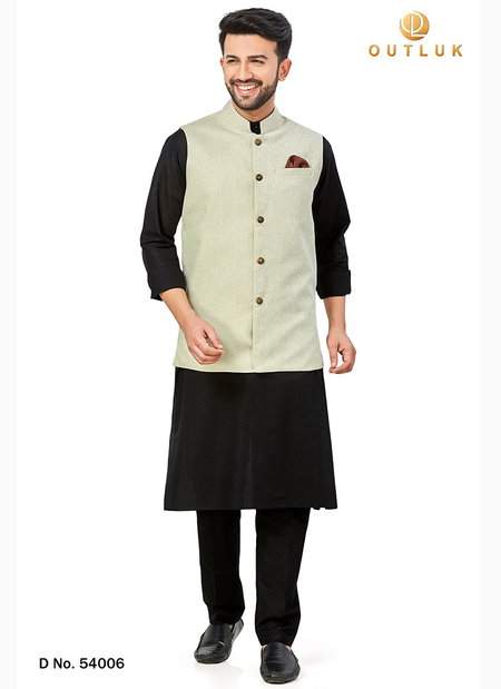 Cream Colour Outluk Vol 54 Festive Wear Linen Blend Digital Print Kurta Pajama With Jacket Mens Collection 54006